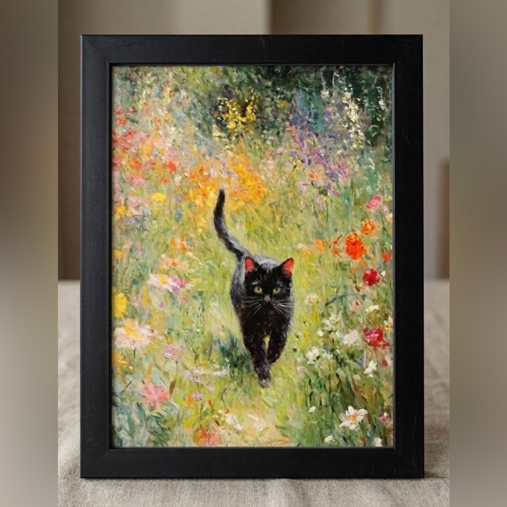 Vintage Style Black Cat in Wildflower Garden Frame Print 8x10